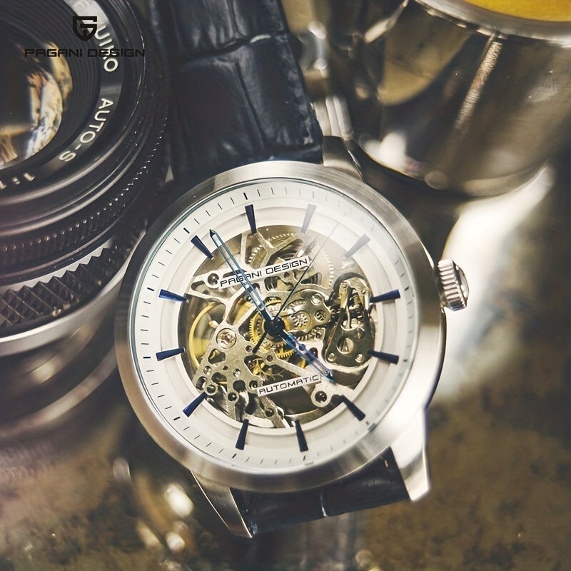 Pagani Design 2023 Men's Automatic Skeleton Watch, Self-Winding, Stainless Steel, Leather Strap, Pointer Series, Water Resistant To 100 Meters Sports Leather Watch