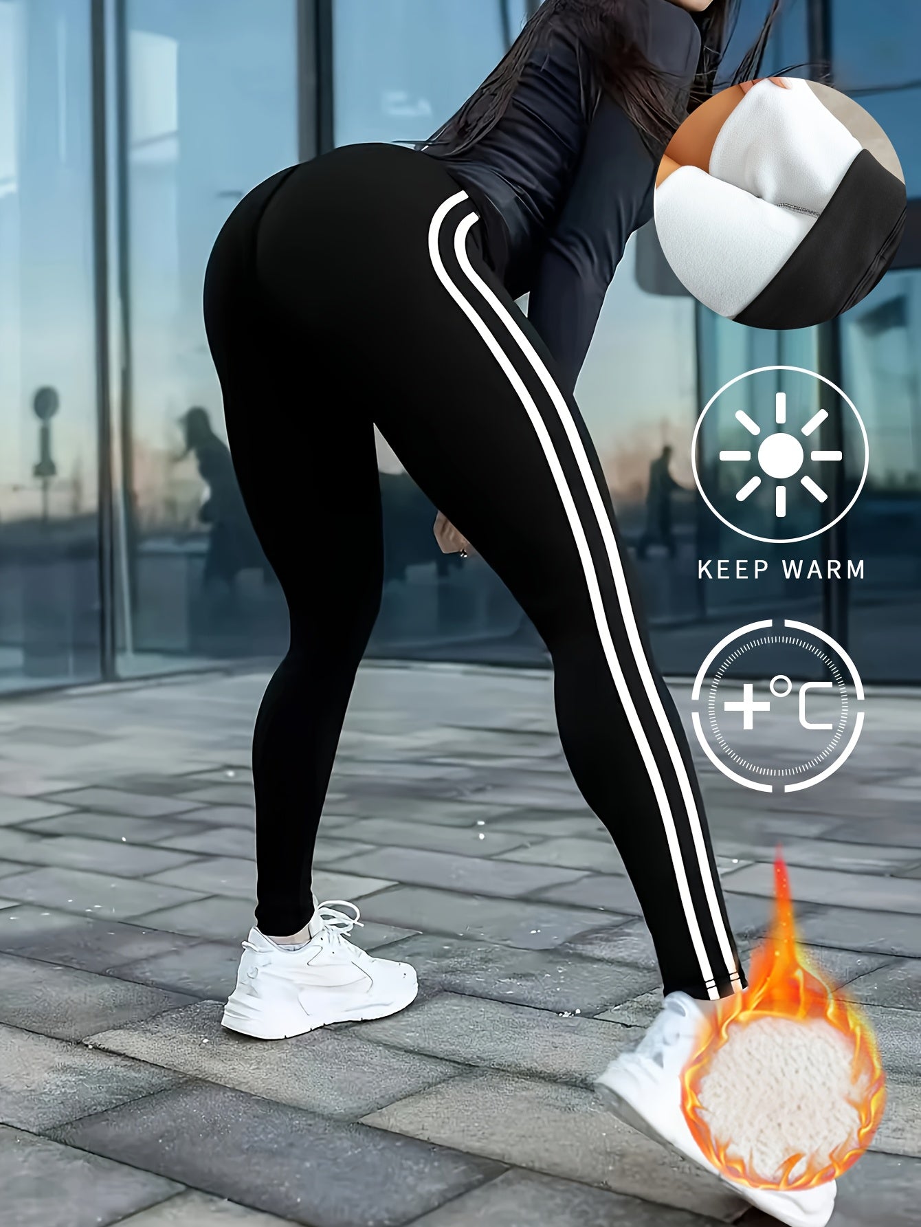 Women's High-Waisted Fleece-Lined Thermal Leggings - Winter Warmth, Seamless Full-Length Side Stripe Athletic Leggings with Soft Lining, Gym & Outdoor Pants for Gym,W Yoga - Machine Washable, Solid Black & White Stripe Design