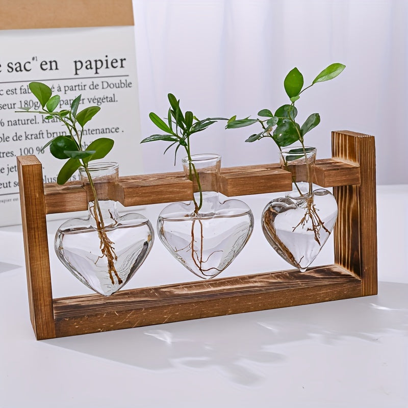 1 Pack, Hydroponic Plant Terrarium Love Heart Vase With Wooden Stand, Indoor Hydroponic Plant Propagation Station For Home Office Garden Decoration, Gift For Flower Pot Lovers