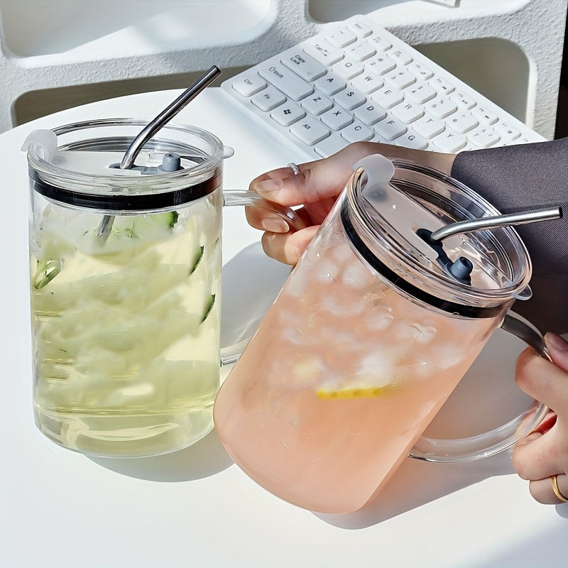 1pc Borosilicate Glass Mug with Lid and Stainless Steel Straw, Large Heavy-Duty Smooth Drinking Jar for Iced Coffee, Beverages, and More - Heat Resistant, Durable Glassware Drink Cup