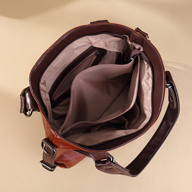 Women'S Vintage Handbag with Adjustable Shoulder Strap, Multiple Pockets & Soft Oil Edge Detail - Burgundy Polyester Lining, Zipper Closure, Elegant Accessory for Mother'S Day Gifts, Elegant Handbag | Vintage Tote Design | So