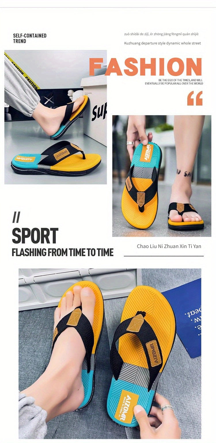 Men's Non-Slip EVA Slip-Resistant Flip-Flops - Heavy-Duty Ergonomic Arch & -Odor Technology, Green/Golden/Grey/Grip Tread Beach Sandals with Ergonomic Arch, Lightweight & Durable for Swimming, Walking, Pool - Multi-Color Opti