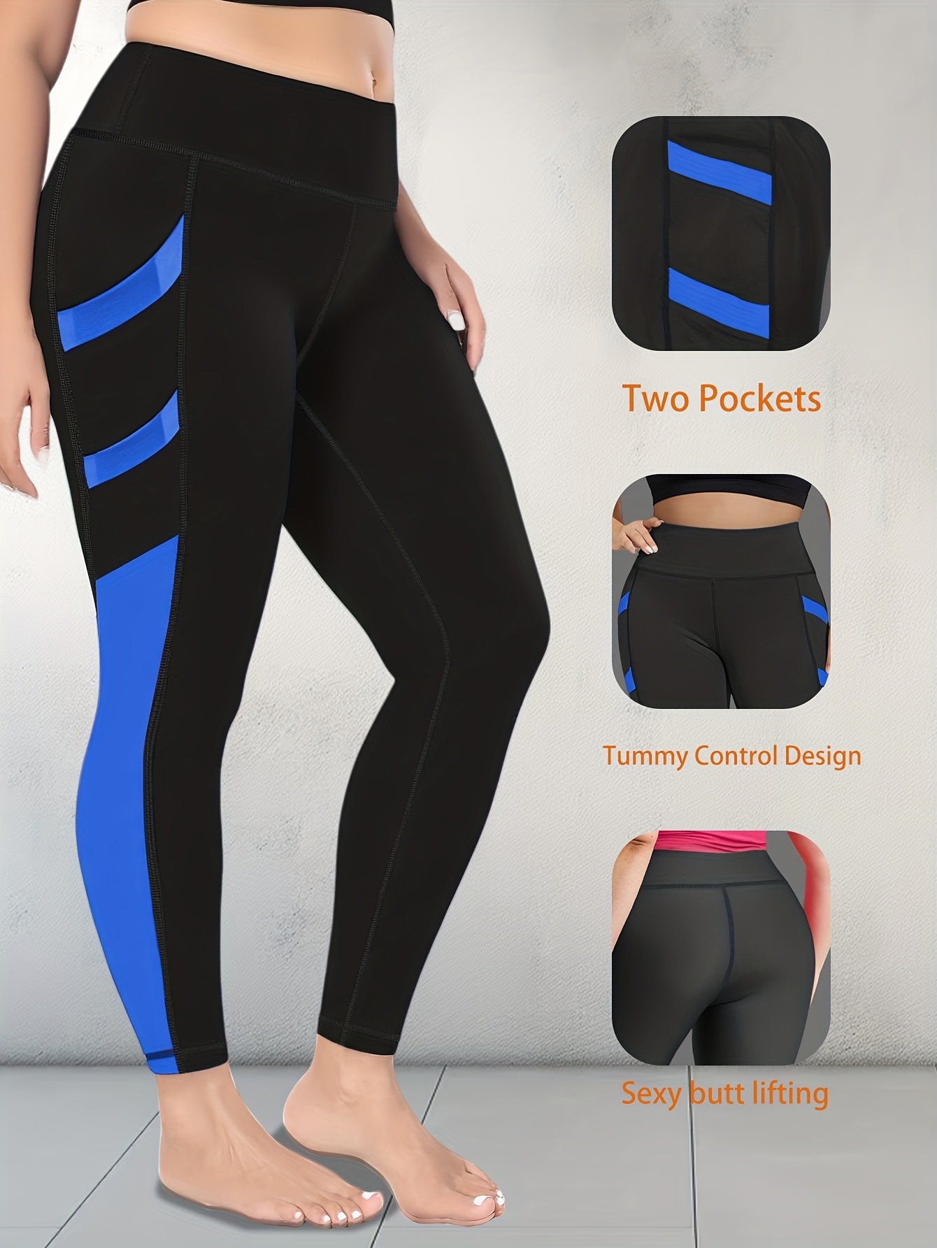 Plus Size Women's High-Waisted Tummy Control Yoga Leggings - 4-Way Stretch Workout Pants with 4 Side Pockets, Butt-Lifting Posture & All-Season Wear for Gym, Running, - Non-Sheer Opaque Fitness Pants (Black/Grey)