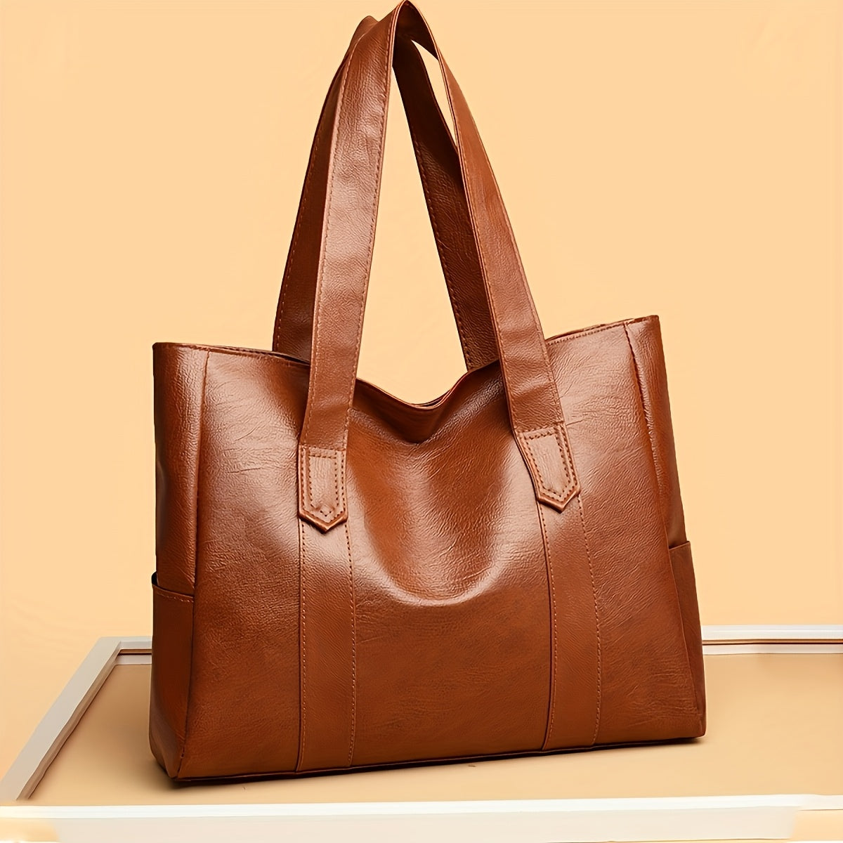 1pc Elegant Women's Shoulder Tote Bag - Large Capacity Durable PU with Zipper Closure, Double Handles & Polyester Lining, Deep Brown/Black - Perfect for Work,, Travel - Ideal Gift for Students & Professionals, Work Handbag, S