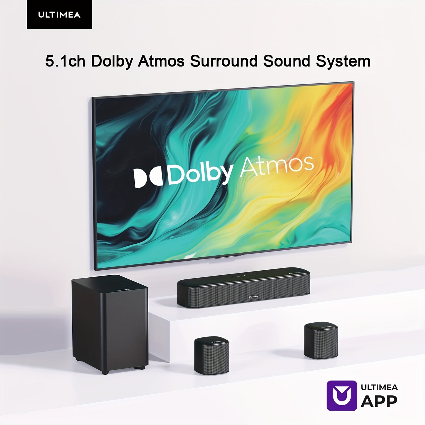 ULTIMEA 5.1ch Sound Bar with Atmos, Surround Sound System for TV, Home Theater Sound System, 2 Surround Speakers with Subwoofer, App Control, 121 EQ Presets, CEC Sync, Bass Boost, Bluetooth 5.3, HD EARC/Opt/AUX, Wired Sound B