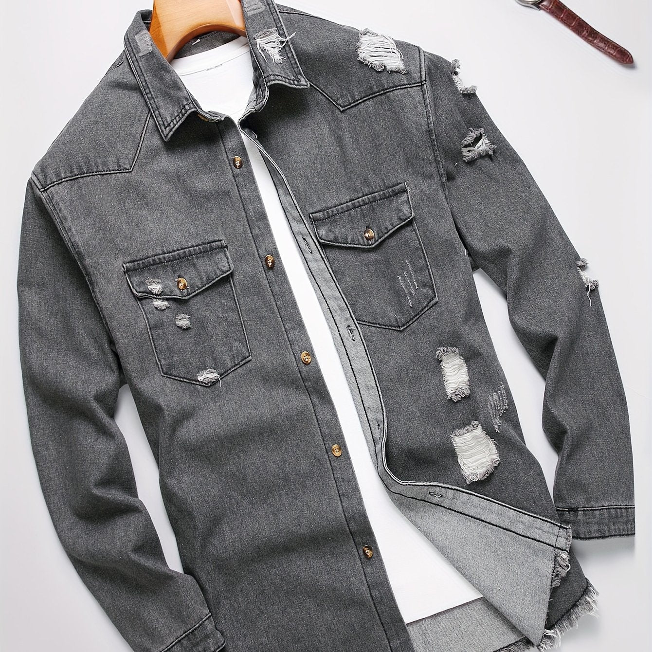 Men's Trendy Ripped Design Casual Button Up Long Sleeve Denim Shirt, Men's Clothes For Spring Summer Autumn, Tops For Men