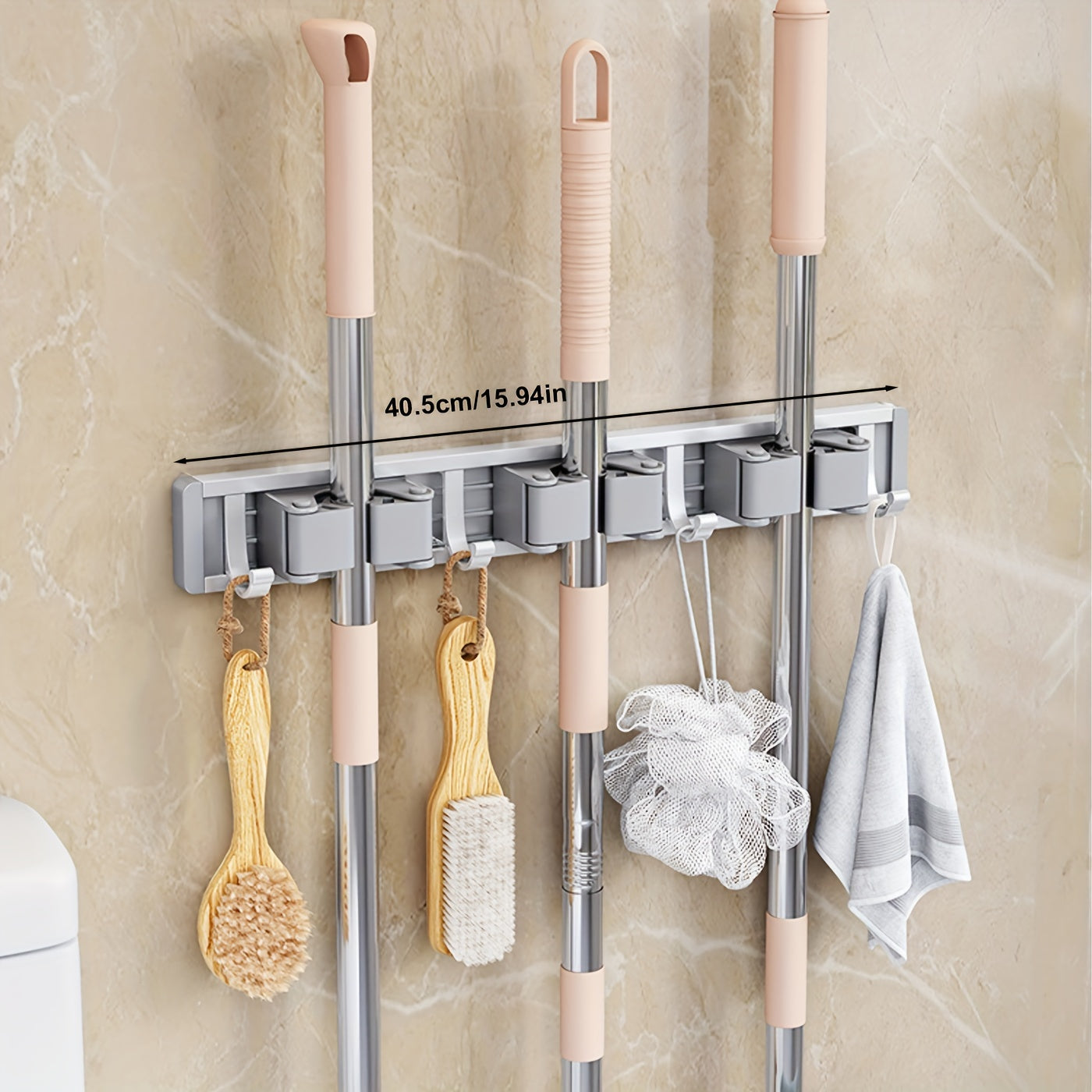 Bathroom Storage Rack Metal Mop & Broom Holder with Adjustable Hooks, Wall-Mounted Storage Organizer for Home, Kitchen, Garden, Laundry, Garage - Lacquered, Space-Saving Shelf for Mops, Brooms, Tools, Shelves