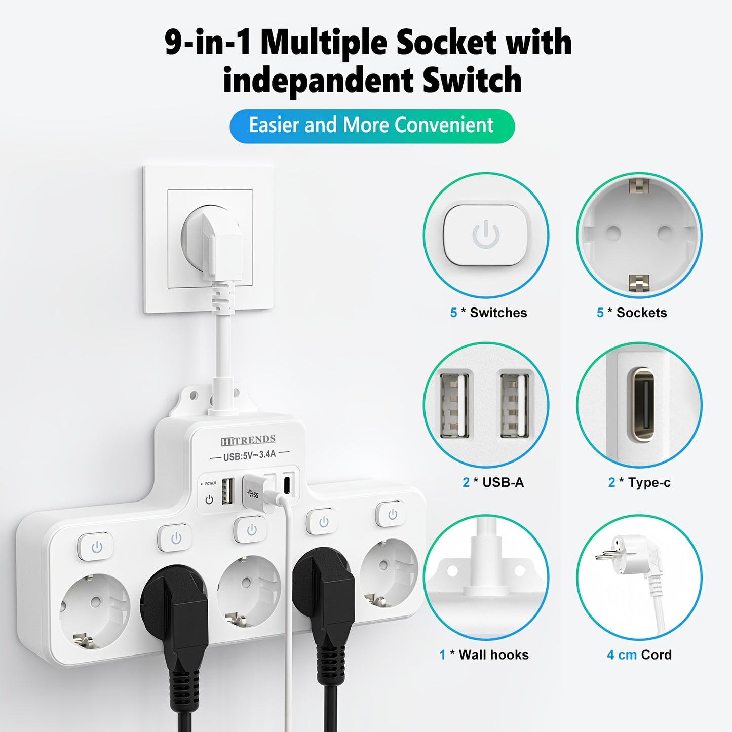 A 9-In-1 Power Strip with USB, Featuring 5 EU Sockets with Individual And Master Switches, 2 USB-A And 2 USB-C Ports, Flexible Cable Sockets, Wall-Mounted Design, Suitable for Home, Kitchen, Office, And Travel.