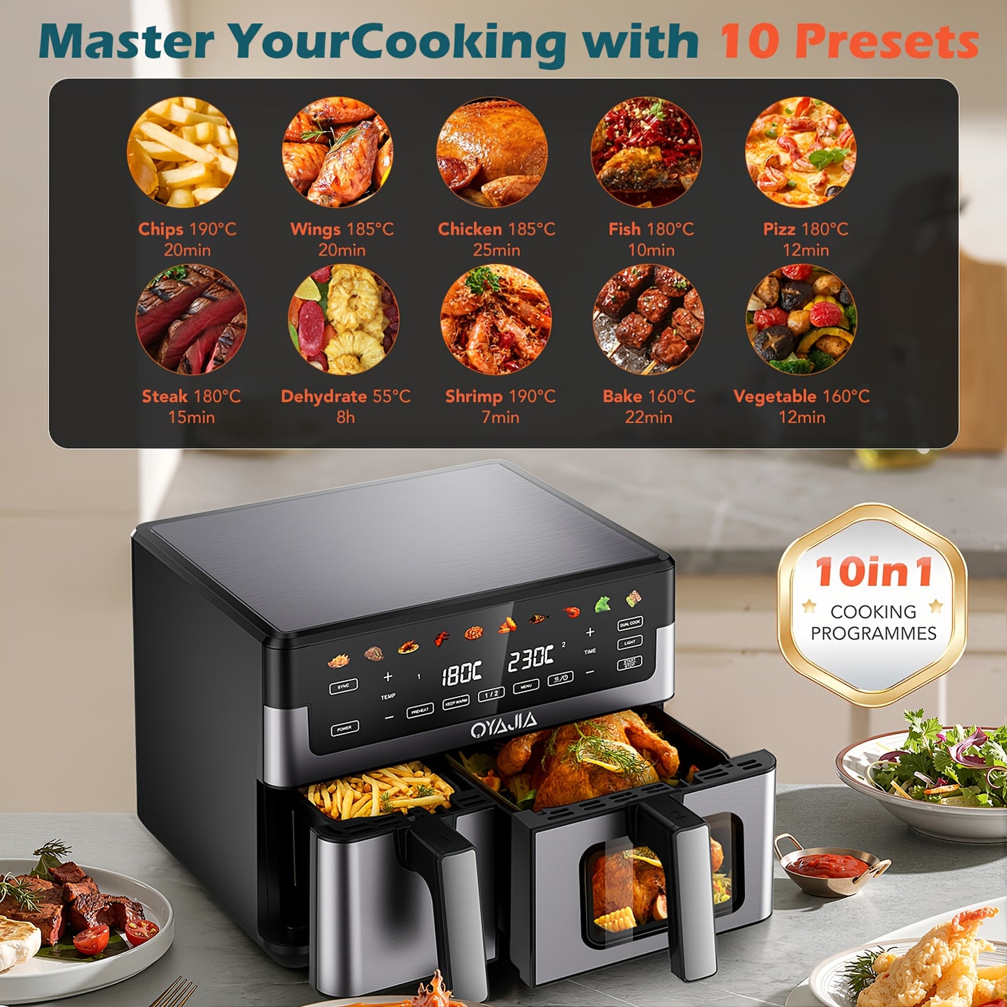 10/11L Air Fryer With Dual Flexi Baskets, Digital Touchscreen, 8 Cooking Modes, Adjustable Temperature, Viewing Window, Dishwasher-Safe, And Healthy Cooking Technology For Families And Meal Prep0/