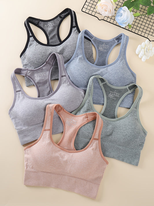 5pcs Women's High-Support Sports Bras - Removable Padding & Back Panel, Full-Coverage Tummy Control, Breathable Yoga Gym Bras with Multi-Color Options (Black/Dark Grey/Navy/Beige/Pink) - Moderate Lift for Heavy Breasts, Hand