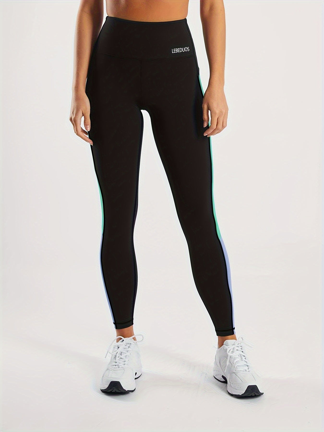 Women's High-Waisted Yoga Leggings - Full-Length Black with Neon Green & Blue Vertical Stripe Contrast, Breathable Stretchy Workout Pants for Gym, Pilates, Running, Tennis | Spring/Fall Casual Athletic Wear, Machine Washable