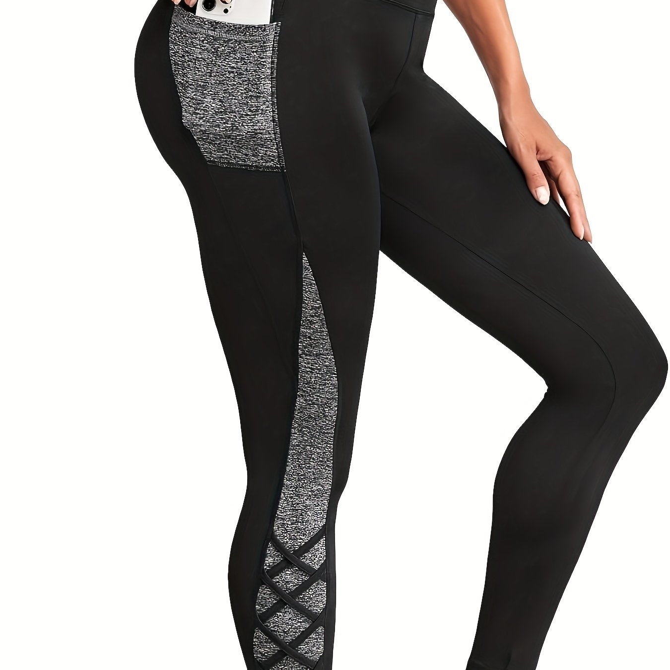 Women'S Plus Size High-Waisted Yoga Leggings with Pockets - Stretchy, Non-Sheer, Color-Block Design, Effect, All-Season Activewear, Casual Wear|Sporty Look|Stretchy Fabric