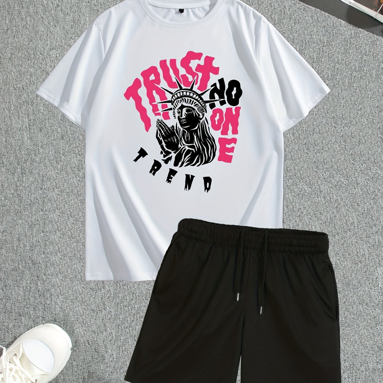 Men's Street Style Summer 2PCS Outfits, Male's Trend TRUST Graphic Short-sleeve Crew Neck T-shirt Drawstring Shorts Set, Casual Clothes For Men