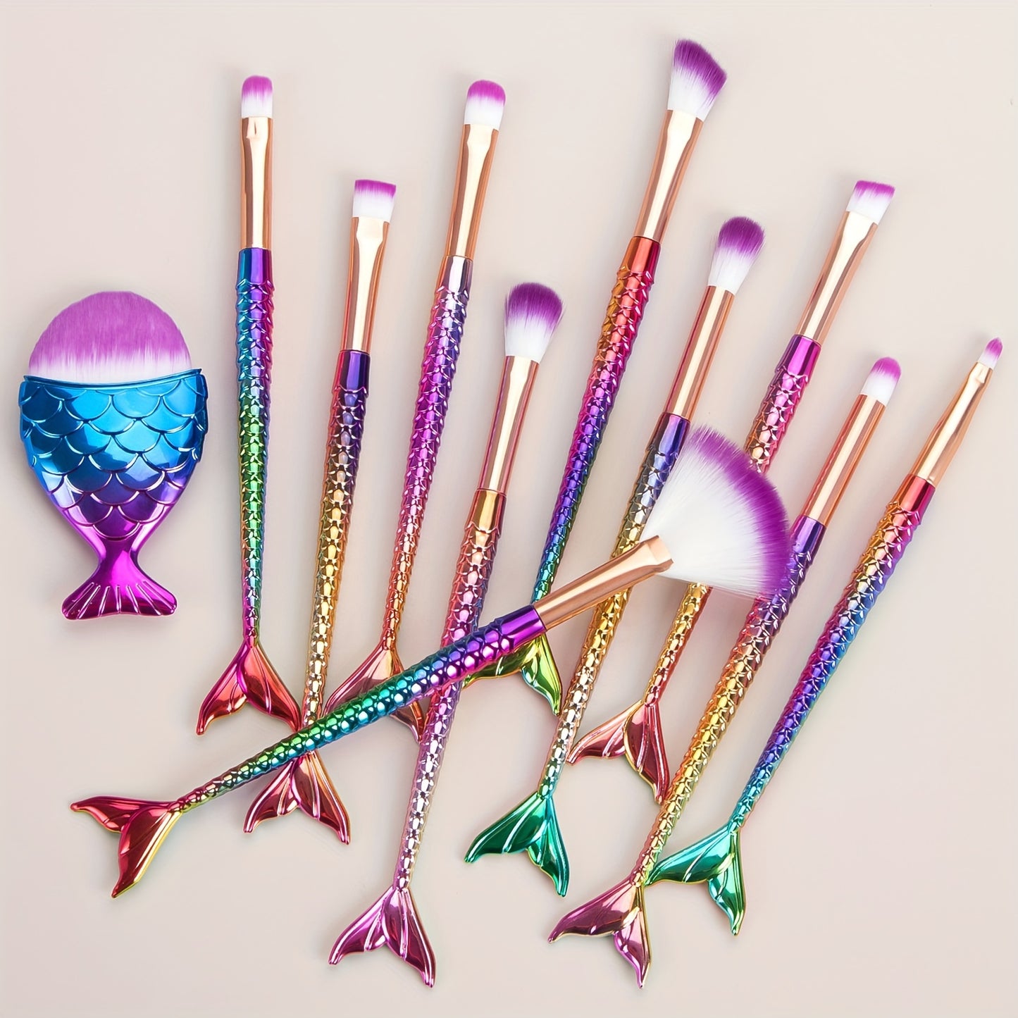 11pcs Mermaid Makeup Brush Set - Fish Tail Design, Nylon Bristles for All Skin Types, Fragrance-Free Beauty Tools