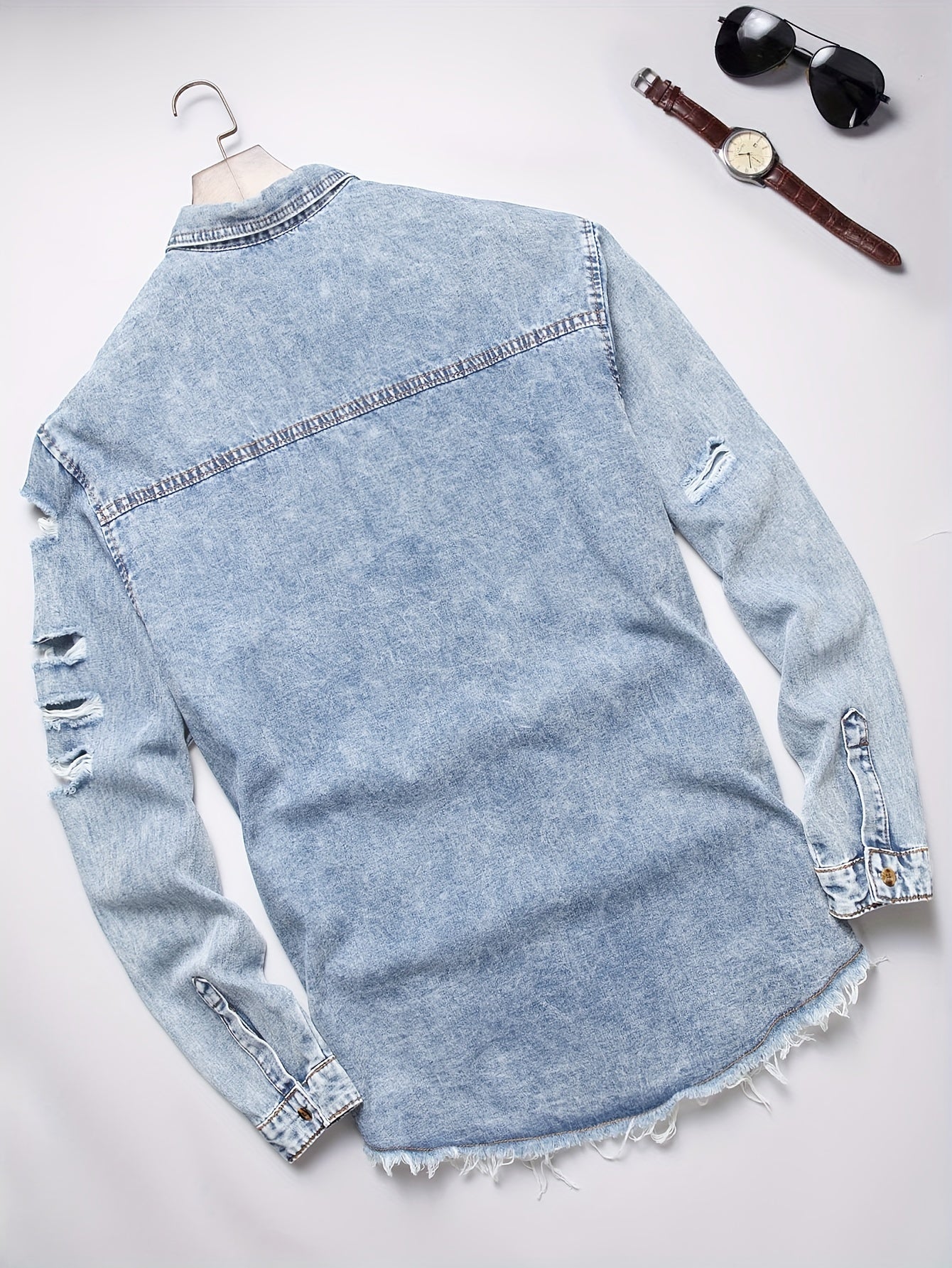 Men's Trendy Ripped Design Casual Button Up Long Sleeve Denim Shirt, Men's Clothes For Spring Summer Autumn, Tops For Men