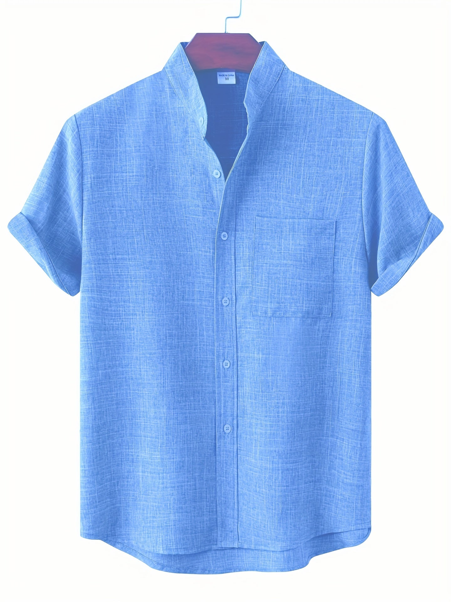Solid Color Men's Short Sleeve Stand Collar Shirt, Men's Casual Button Up Shirt For Summer Outdoor
