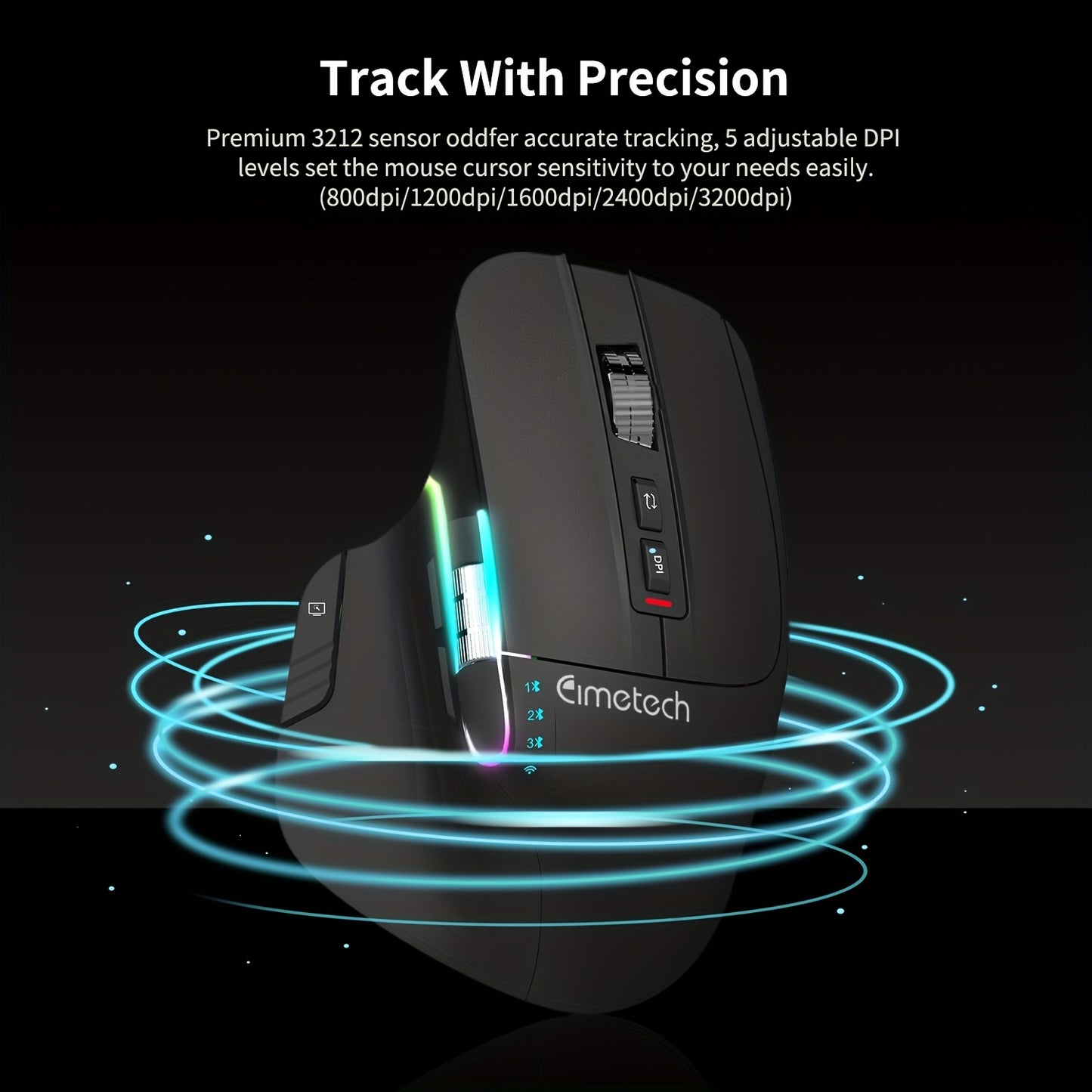 Wireless Wireless Mouse, 2.4GHz, Type-C Wired Three Mode Connection, Artificial Vertical Mouse, Rechargeable Optical Mouse, RGB Office Gaming Mouse, Four-Speed Adjustable DP; with 8 Buttons, Dual Sliders Right-Handed Mouse, M