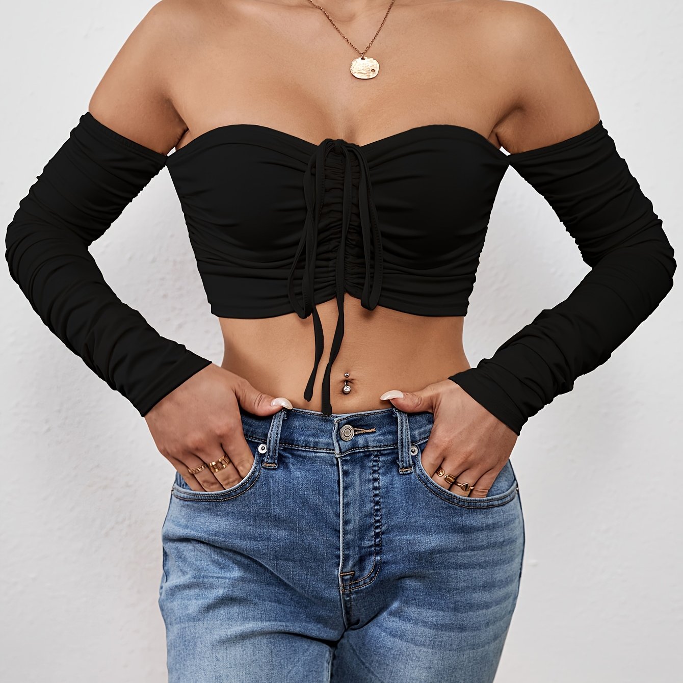 Off Shoulder Ruched T-shirt, Sexy Cropped Drawstring Long Sleeve T-shirt, Women's Clothing