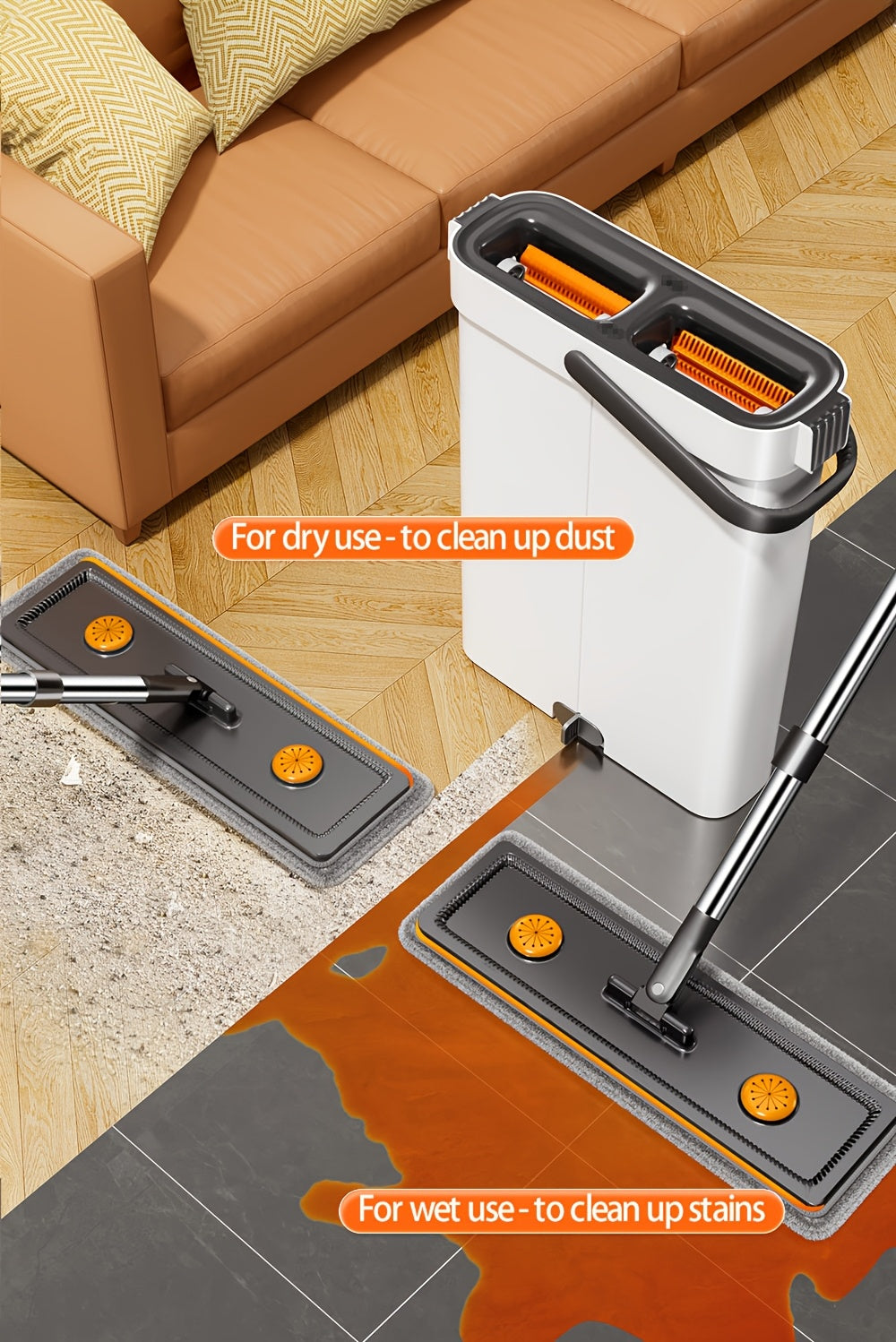 Gray Flat Mop + Narrow Slot Cleaning Bucket Set, Hand-free Lazy Mop Mover, Wet And Dry One Mop Cleaner, Household Cleaning Tool, Send Replacement Cloth, Suitable for Living Room, Bedroom, Kitchen, Bathroom, Toilet, Commercial