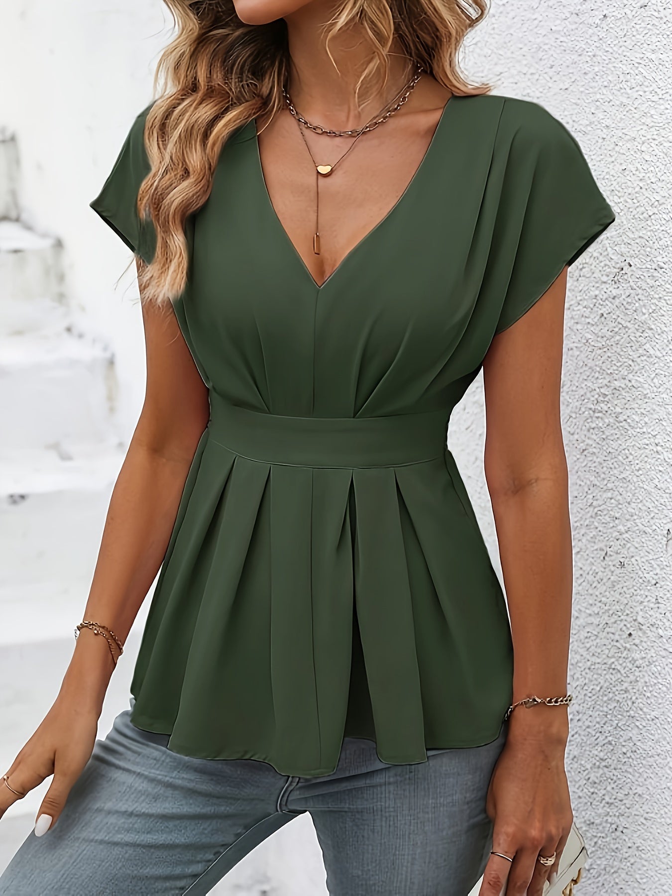 V-neck Ruffle Hem Solid Peplum Blouse, Elegant Cinched Waist Blouse For Spring & Summer, Women's Clothing