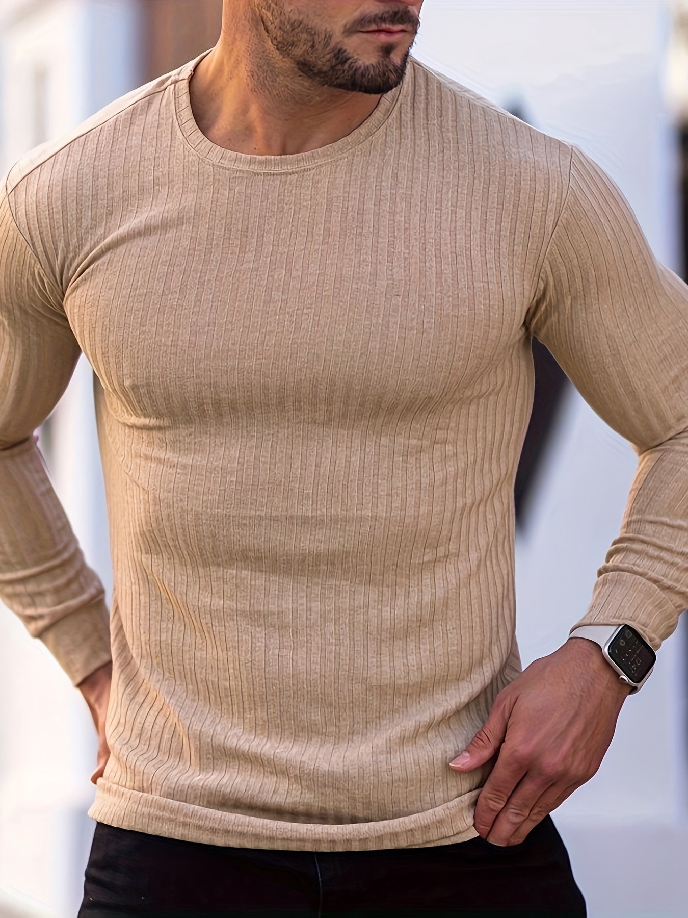 Ribbed Men's Casual Stretch Breathable Lightweight Long Sleeve Round Neck T-shirt For Spring Fall, Running Training