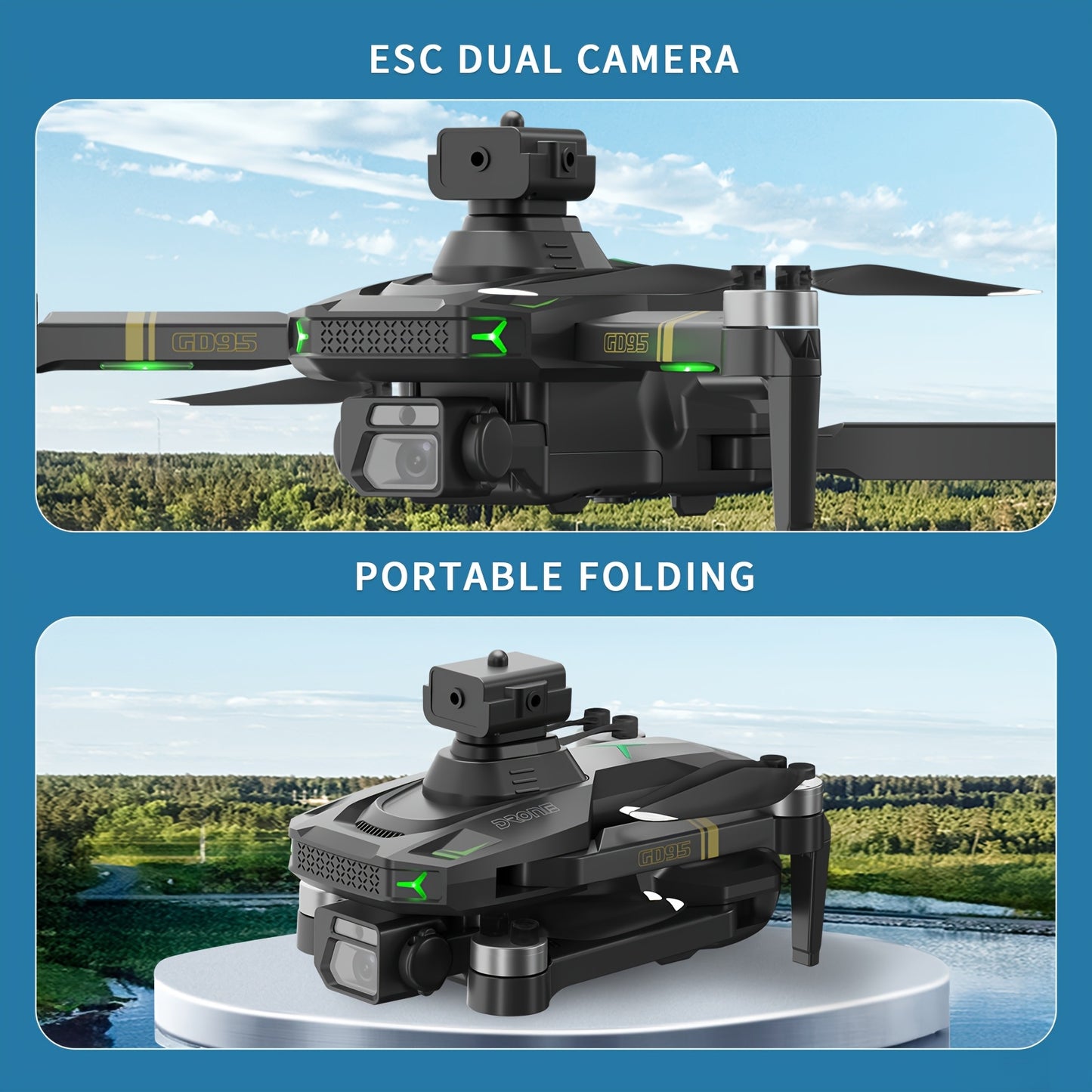 1pc GD95 Quadcopter Drone, Foldable Drone - Easy to Carry, SD HD Dual Camera - Image Stabilization, with Light Flow Hovering And Obstacle Avoidance Function, Birthday Gift - Holiday Gift