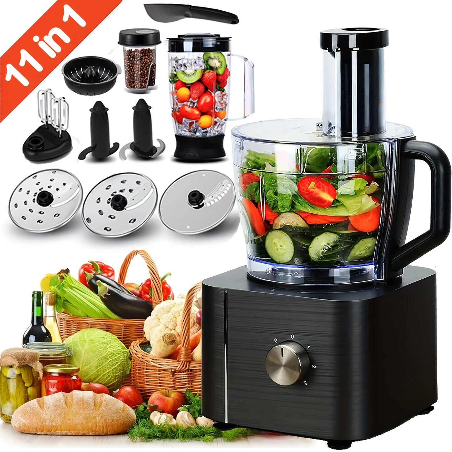 Food Processor 11-in-1 with Chopping Blending Kneading Grinding Whisking Juicing, 1100W, 3 Speeds Plus Pulse, 3.2 L Bowl and 1.5L Jug Blender