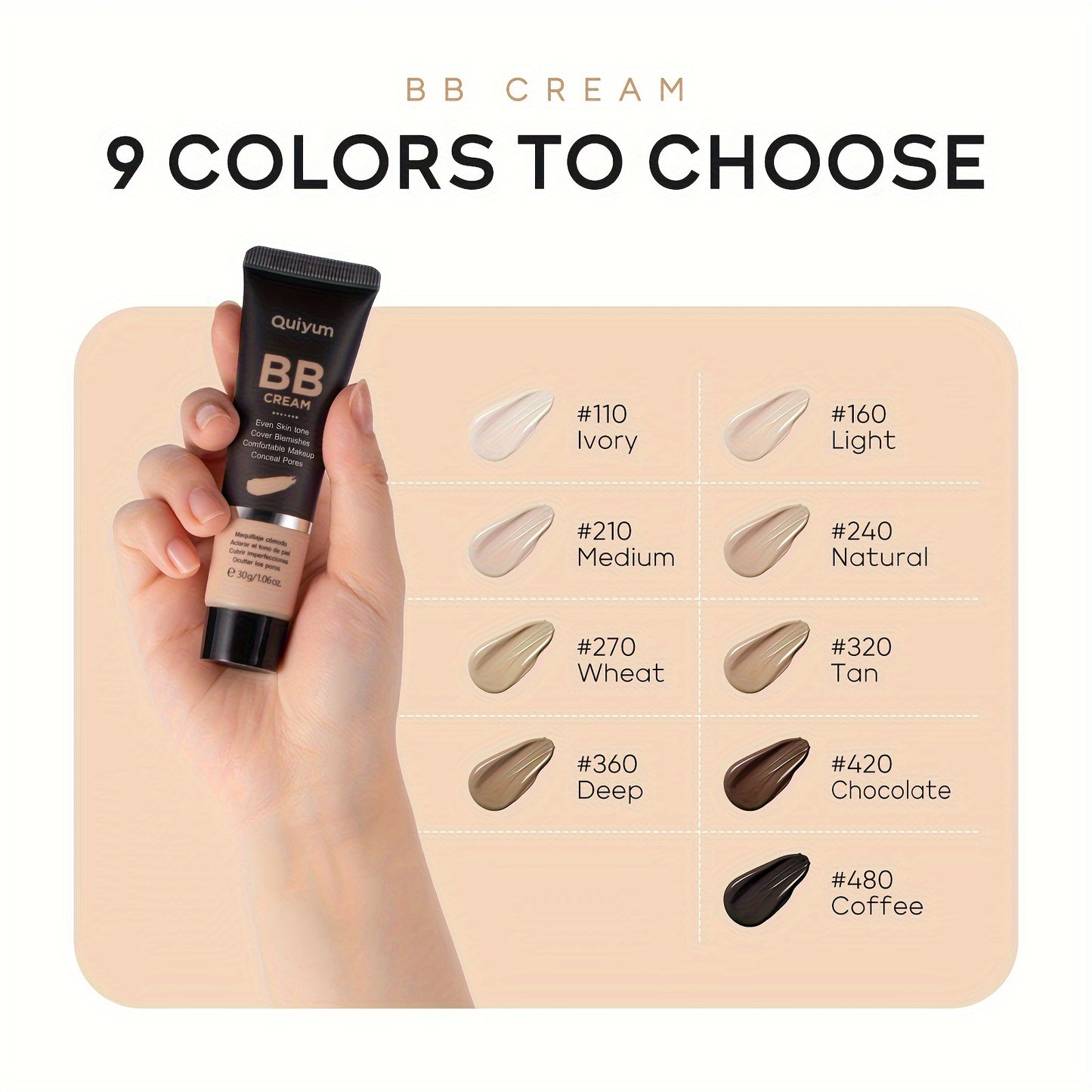 Quiyum BB Cream, Waterproof Long Lasting Pores Concealer, Brighten Skin Tone, Cover Blemishes Make Up Foundation 30g
