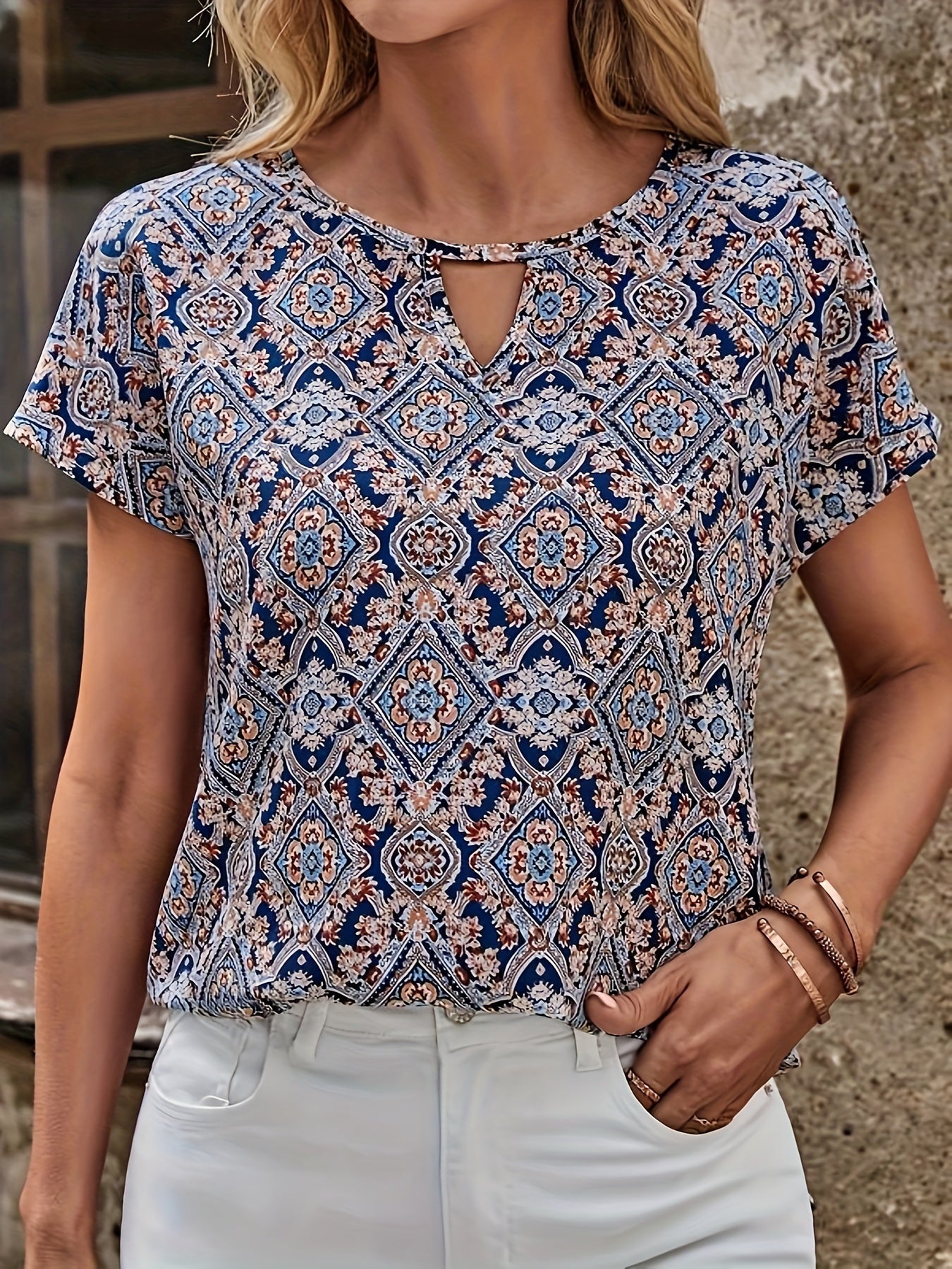 Vintage Graphic Print Cut Out Blouse, Casual Batwing Sleeve Blouse For Spring & Summer, Women's Clothing