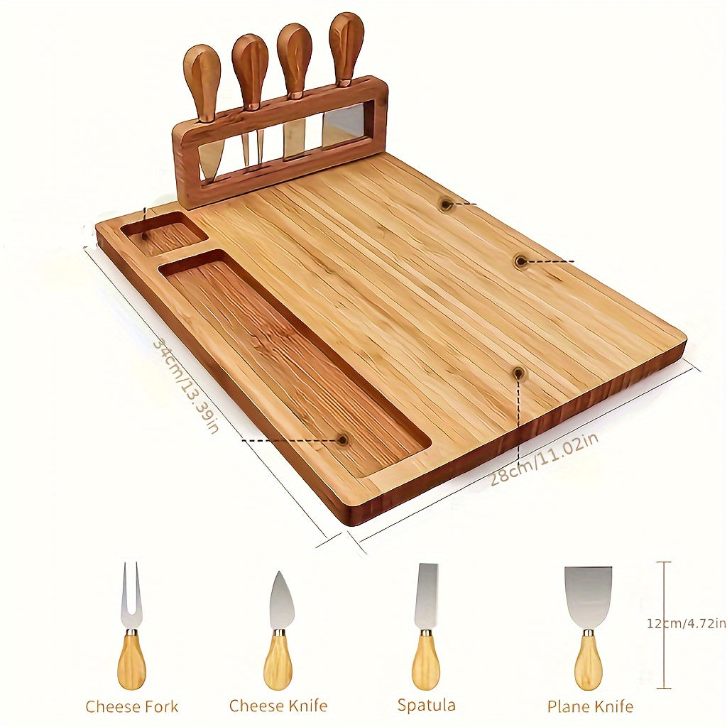 1 Set, Bamboo Cheese Board, Cheese Tray With 4 Cheese Knfie Set, Charcuterie Board And Serving Plate, Cheese Knife, Cheese Slicer, Cheese Fork, Kitchen Cooking Tools, Bamboo Cutting Board, Wood Cheeses Boards, Kitchen Stuff