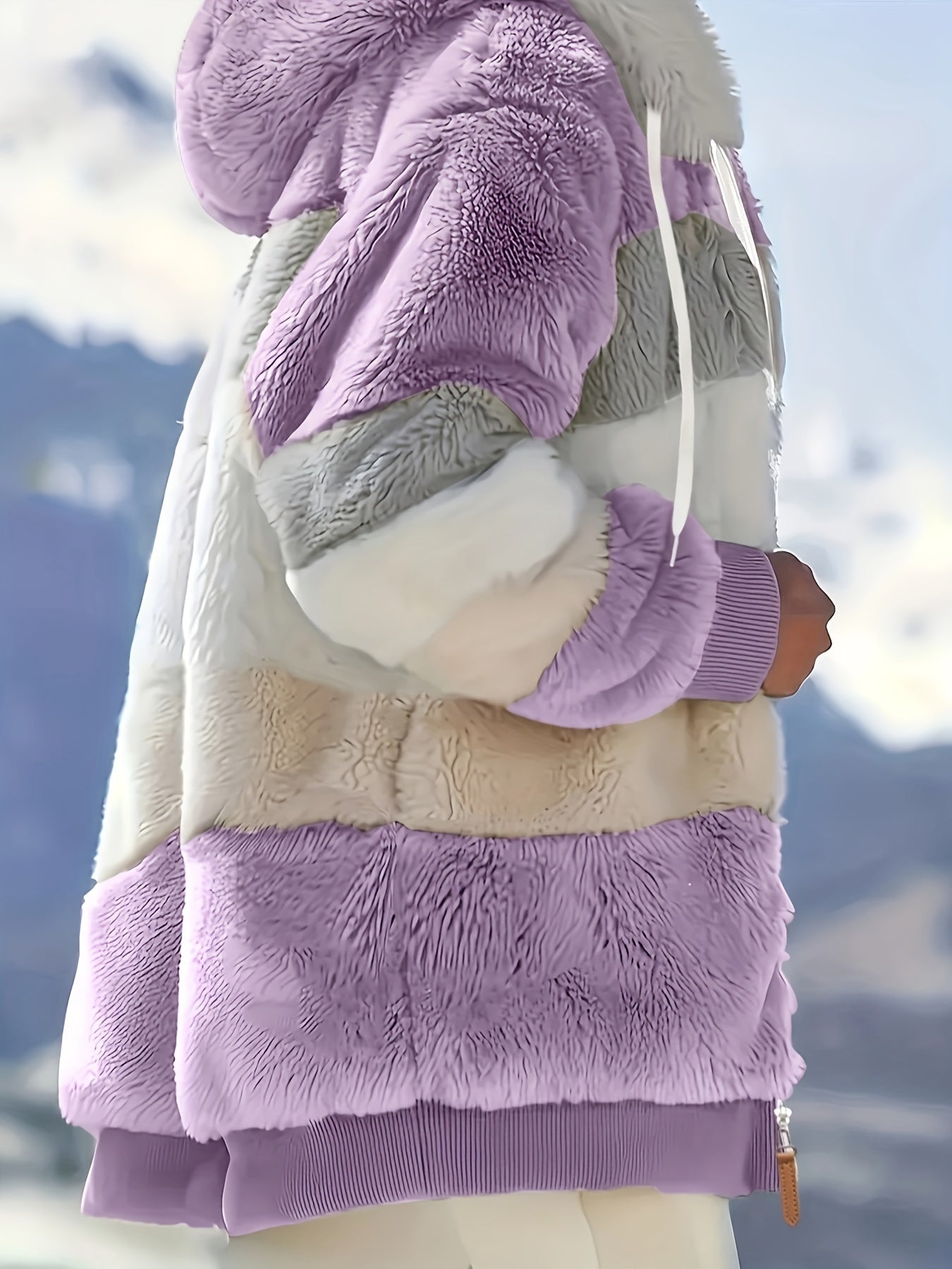 Women's Plush Faux Fur Hooded Jacket - Loose Fit Color Block Coat with Blue/Beige/White/Black Design, Long Sleeve Winter Warmth, Machine Washable for Casual & Formal Outfits, Ladies Winter Coats, Autumn Layering Piece, Formal