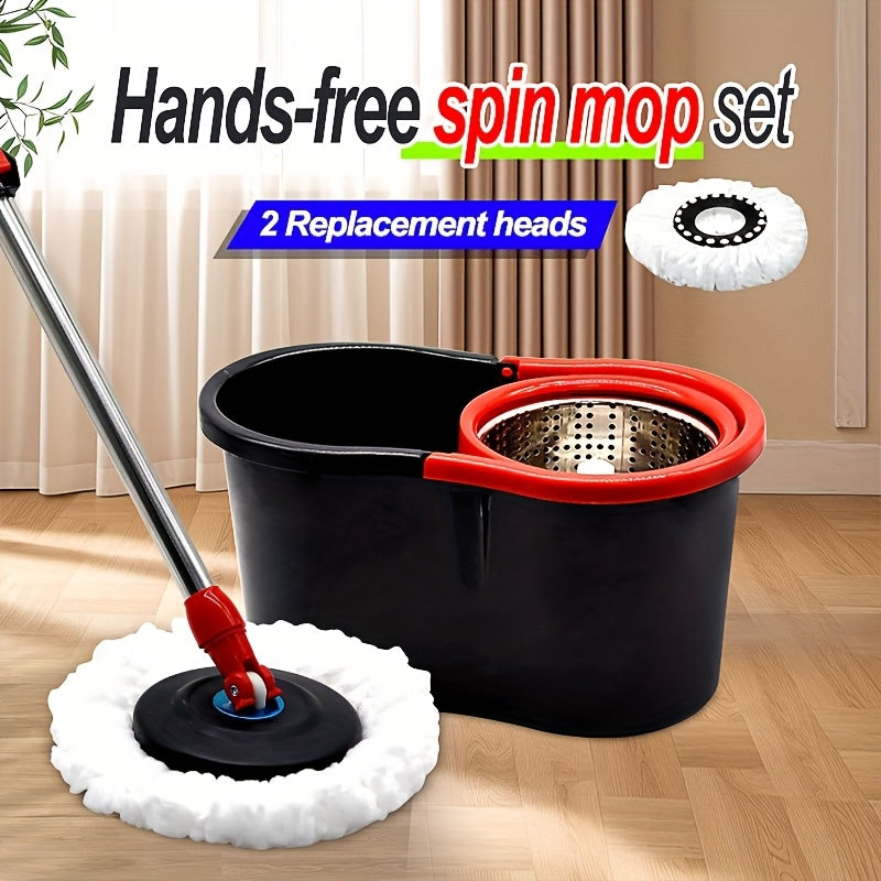 Spin mop and bucket, 360° spin mop, dust removal tool integrated soak and rinse function, with 2 microfiber mop heads, hands-free wash mop, retractable stainless steel handle, for floor cleaning, cleaning supplies