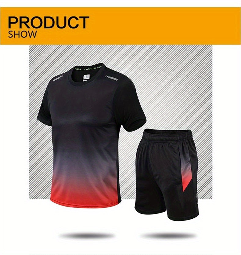 2-piece Men's Summer Basketball Training Running Outfit Set, Gradient Short Sleeve T-shirt & Quick-drying Shorts Set