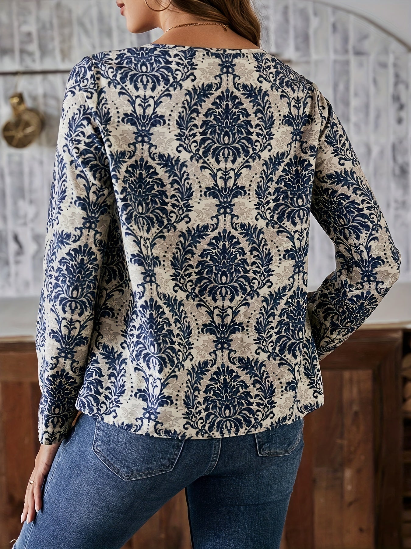 Ethnic Print Cut Out Blouse, Vintage Long Sleeve Blouse For Spring & Fall, Women's Clothing