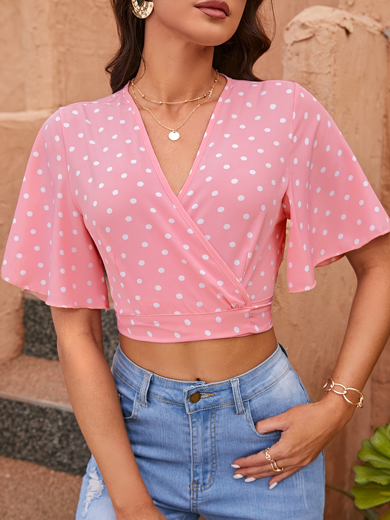 Polka Dot Print Surplice Neck Blouse, Elegant Ruffle Sleeve Crop Top For Spring & Summer, Women's Clothing