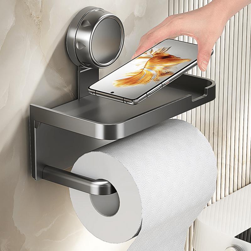 1pc Household Toilet Paper Holder with Storage Box, Suction Cup Wall-Mounted Bathroom Tissue Rack – No Drilling Required. Includes Phone Stand for Convenient Use in the Home or Shower Room, Toilet Tissue Holder for Bathroom