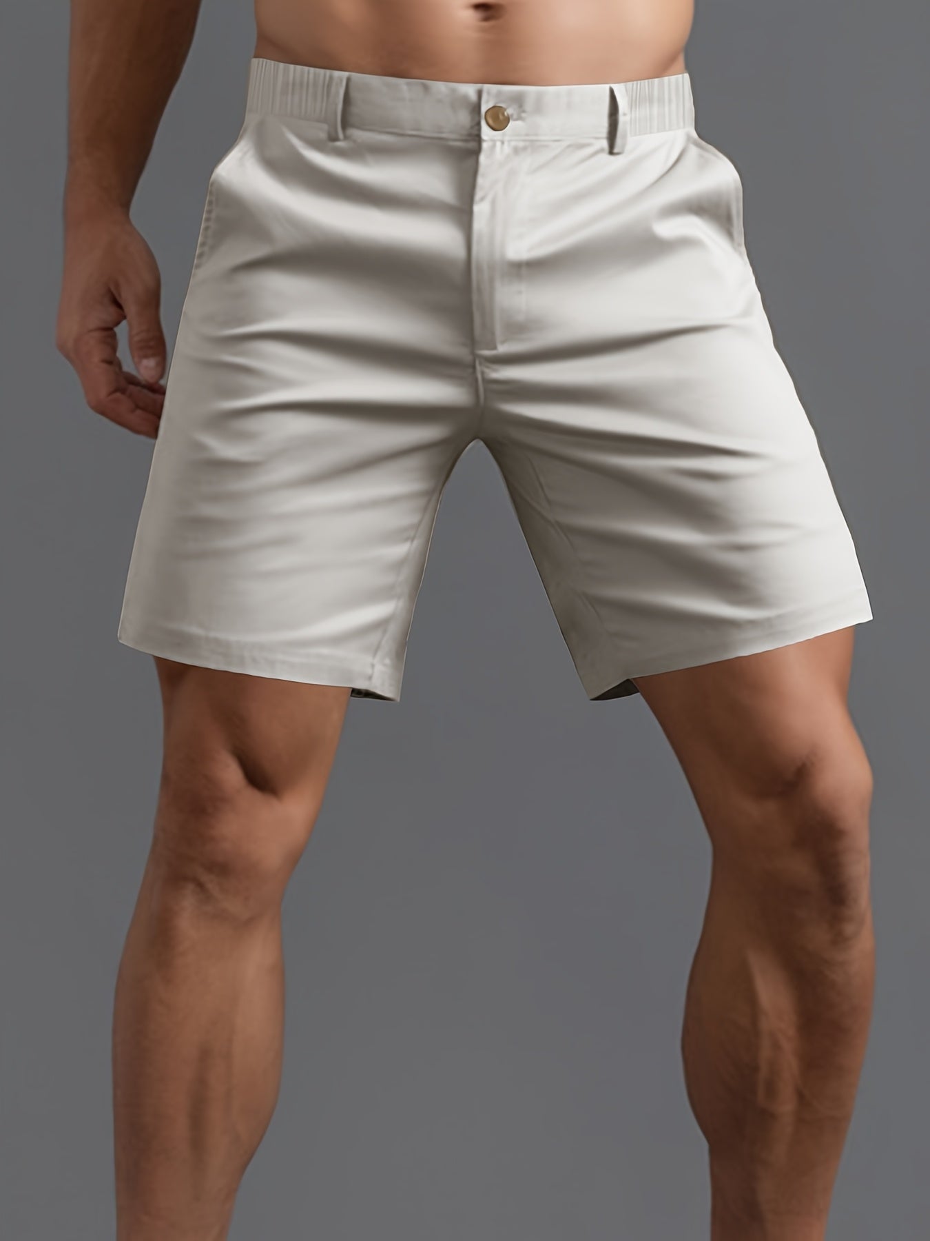 5pcs Men'S Fashion Solid Color Shorts, Woven, Simple, Straight Leg, Five-Inch, Versatile, Business Style, Street, Versatile, Beach Vacation, Travel, Outdoor, Casual, Sports, Zipper, Resin, Button, Half, Elastic, Belt, Casual