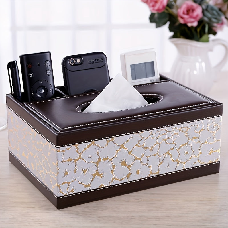 LDQ Multi-Functional Faux Leather Tissue&Storage Box with 4 Compartments Includes Remote Control&Household Napkin Storage, Wipe-Clean in Seconds, Ideal for Living Room, Study&Café Countertops Perfect for Home Supplies Back t
