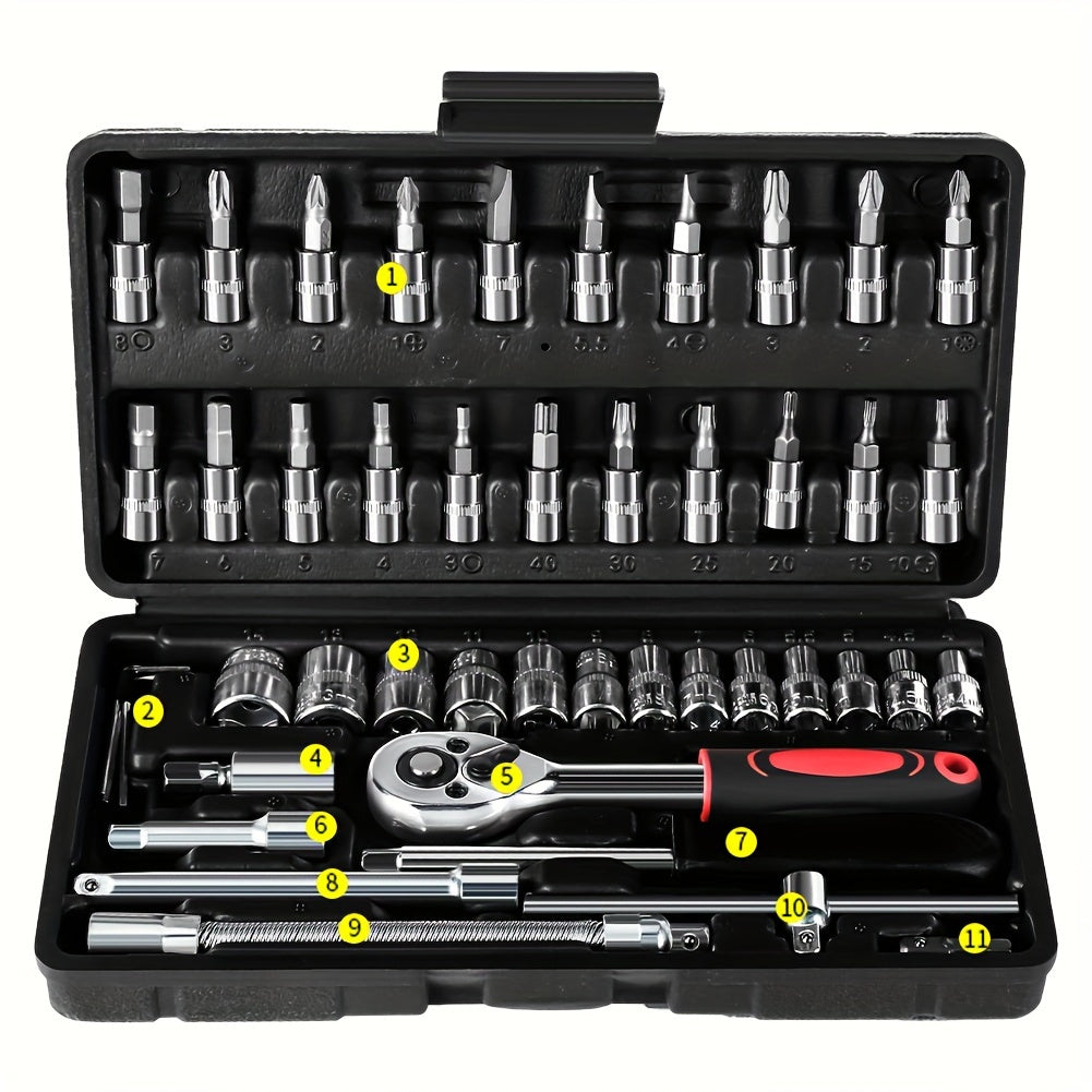 46pcs 2.54/10.16 Cm Drive Socket Ratchet Wrench Set, With Bit Socket Set, Metric And Extension Bar For Auto Repairing And Household, With Storage Case