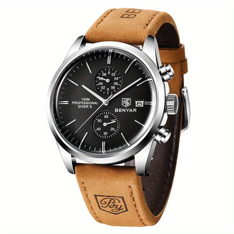 1pc New BENYAR Men's PU Leather Quartz Wristwatch, Men's 100M Multifunctional Watch Military Sports Chronograph Watch For Men