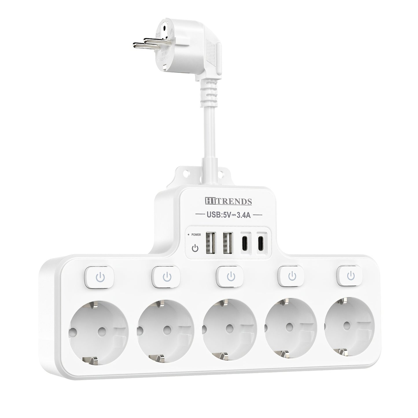 A 9-In-1 Power Strip with USB, Featuring 5 EU Sockets with Individual And Master Switches, 2 USB-A And 2 USB-C Ports, Flexible Cable Sockets, Wall-Mounted Design, Suitable for Home, Kitchen, Office, And Travel.