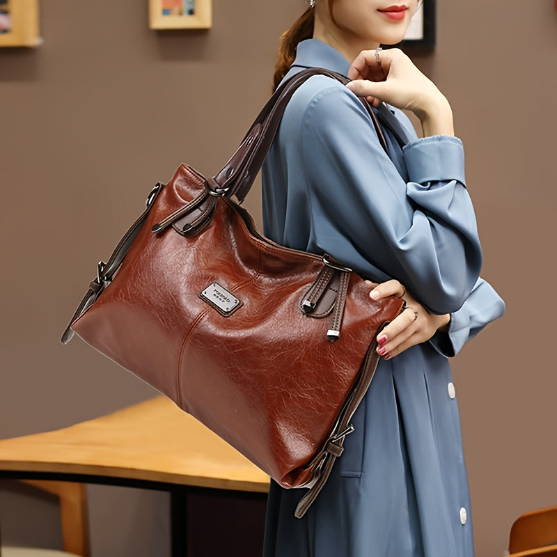 Women'S Vintage Handbag with Adjustable Shoulder Strap, Multiple Pockets & Soft Oil Edge Detail - Burgundy Polyester Lining, Zipper Closure, Elegant Accessory for Mother'S Day Gifts, Elegant Handbag | Vintage Tote Design | So