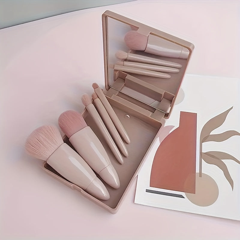 5pcs Makeup Brush Set with Mirror - Nylon Bristles, Fragrance-Free for All Skin Types, Includes Oval Foundation & Blending Brushes