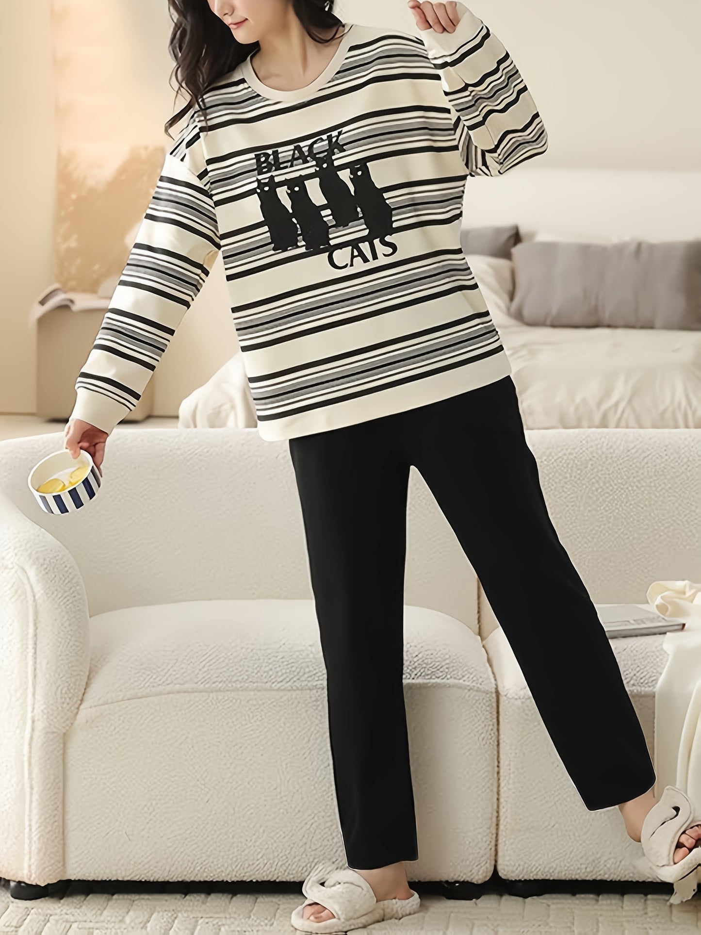 Women's Black and White Striped Cat Print Casual Pajama Set - Elastic Waist Pants with Round Neck Long Sleeve Top, Machine Washable, Perfect Seasonal Sleepwear, Loose Fit | Whimsical Pattern T-Shirt | Polyester Blend Fabric,