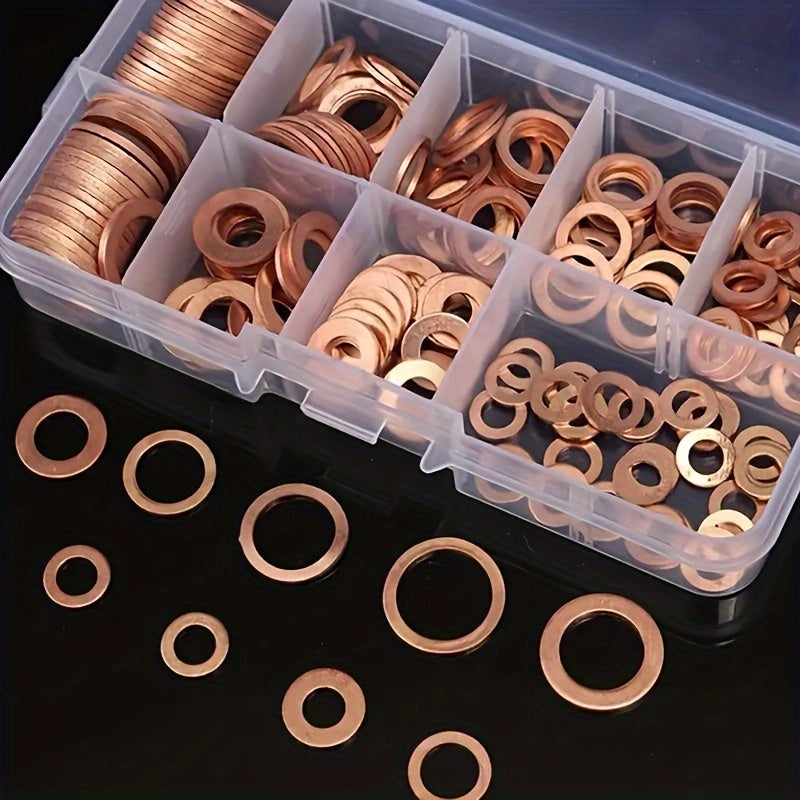 100pcs Copper Washer Gasket Nut And Bolt Set, Flat Ring Seal Assortment Kit With Box,/M5/M6//M8/M10/M12/M14 For Sump Plugs
