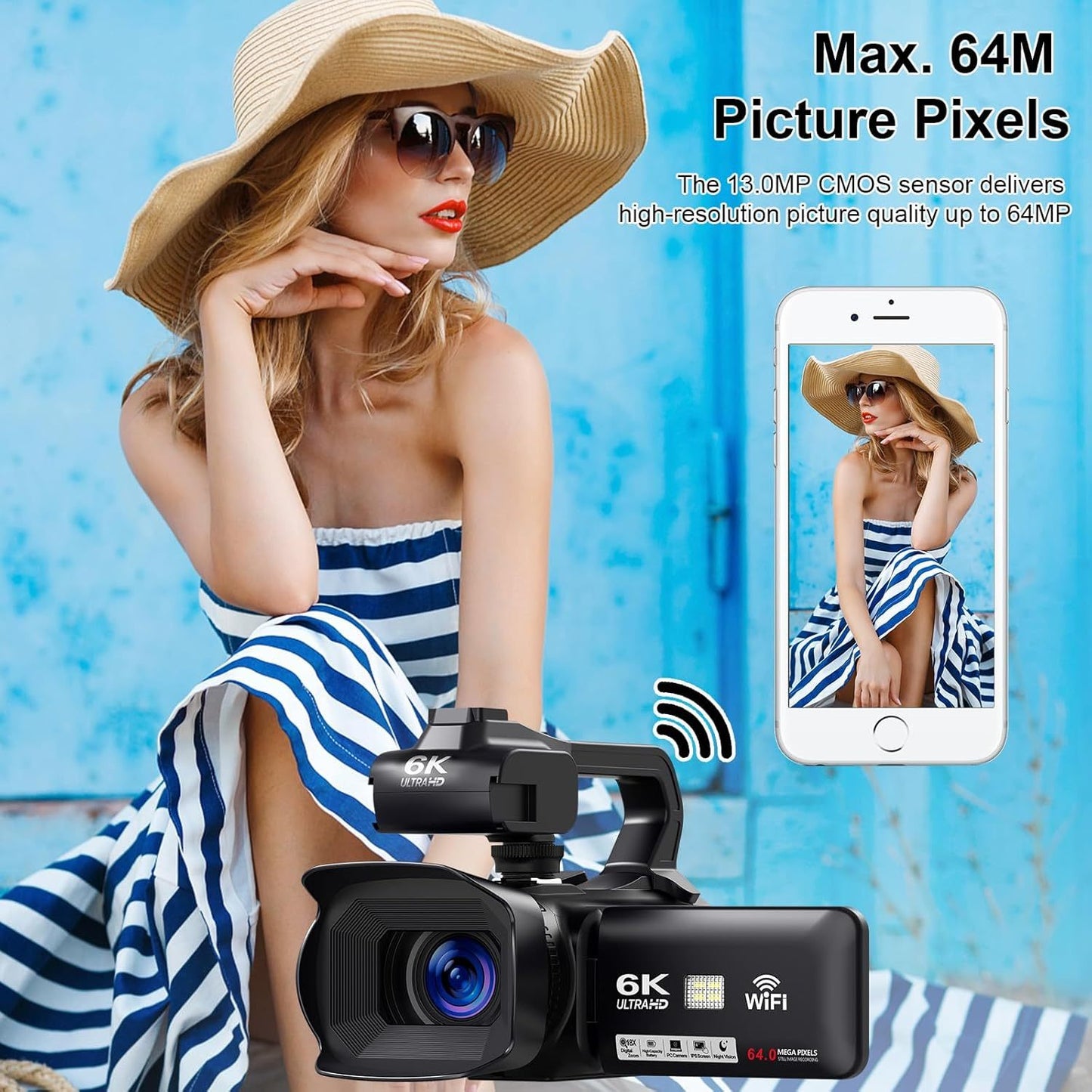 YISENCE 6K Camcorder Video Camera 64MP 18X Digital Zoom IR Night Vision Vlogging Camera for YouTube 10.16cm Touch Screen Digital Camera with WiFi, Microphone, Remote Control, Charger, Stabilizer and 64G SD Card