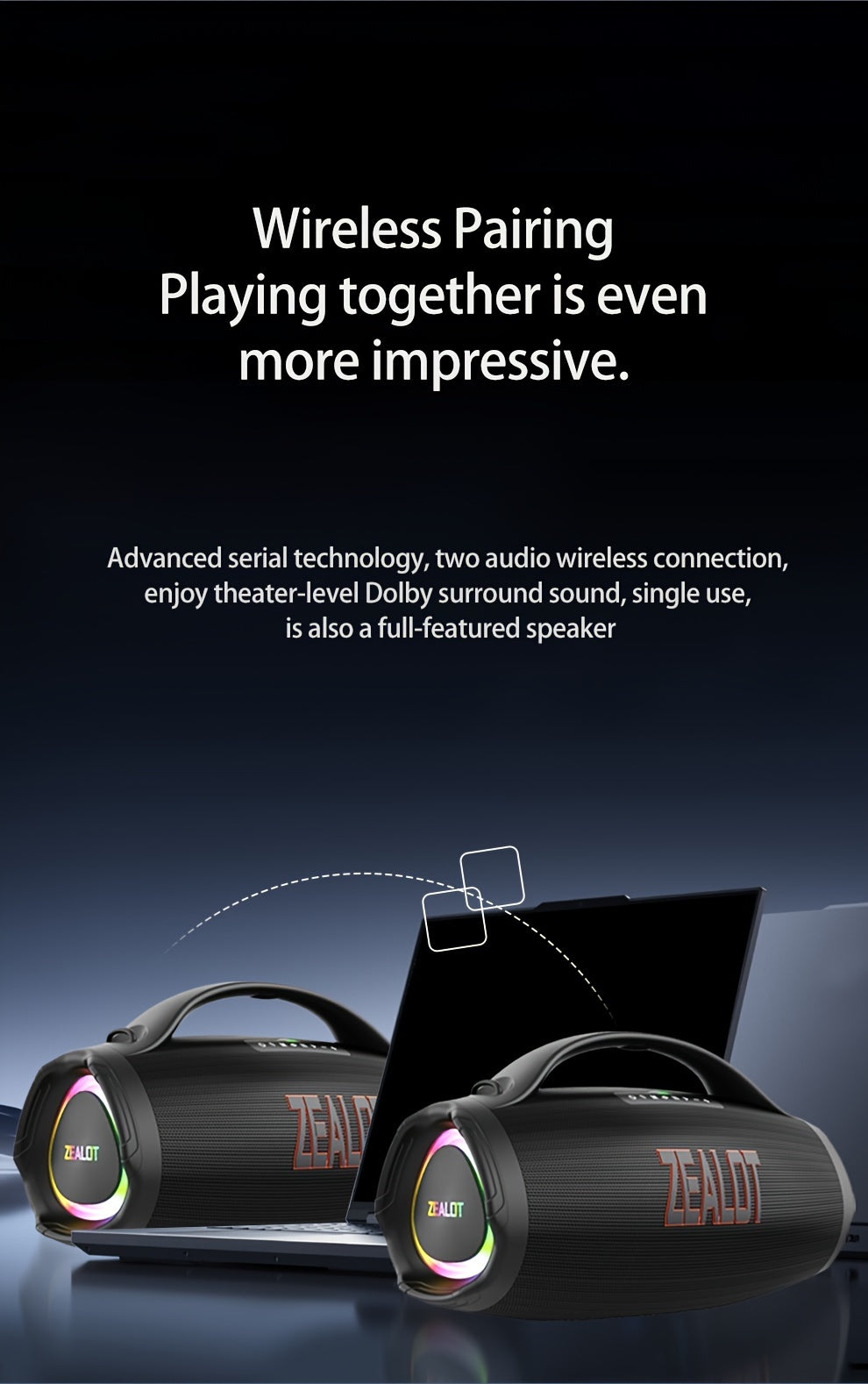 Zealot S98 Portable Wireless Speaker - 160W High-Power, 60H Playtime, IPX5, Fast Charging, Dual Pairing, Shocking Subwoofer, 36000mAh Battery, DSP Technology, Black with Red Accents