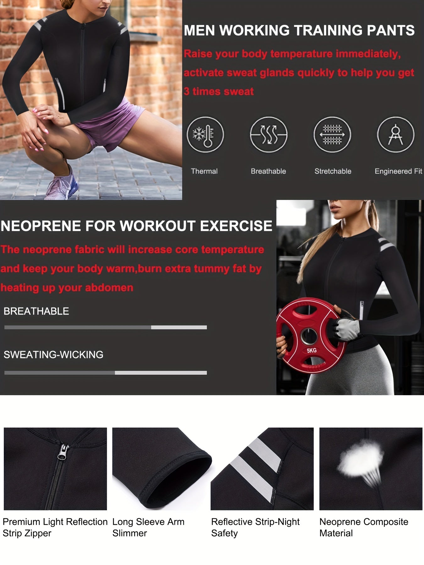 Long Sleeve Full Zipper Sweat Sauna Suit, Waist Training Weight Loss Slimming Fitness Workout Sports Jacket, Women's Clothing