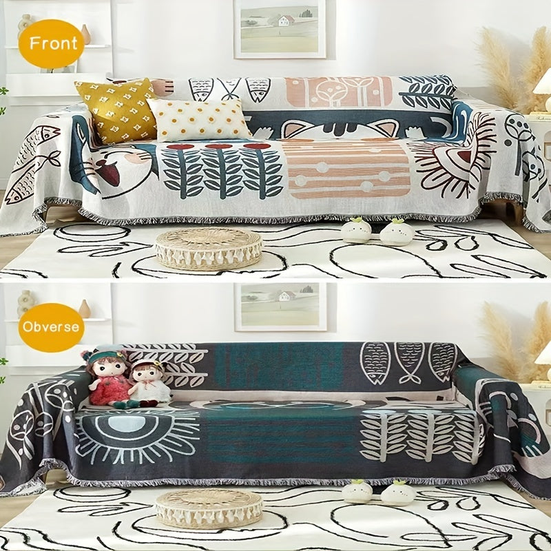 1pc Scandinavian Style All-Season Sofa Covers Cotton Blend Sofa Throw Covers Universal Featuring Botanical, Non-slip Sofa Cushion, And Majestic Cat Patterns Sofa Cover, Outdoor Picnic Mat, Outdoor Blanket, Tapestry, Tableclot