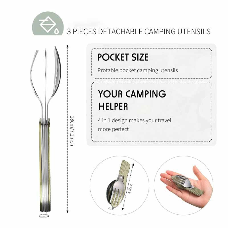 Stainless Steel 4-in-1 Outdoor Tableware Set with Folding Spoon, Fork, Knife, and Bottle Opener - Perfect for Camping, Picnics, Hiking, and Travel